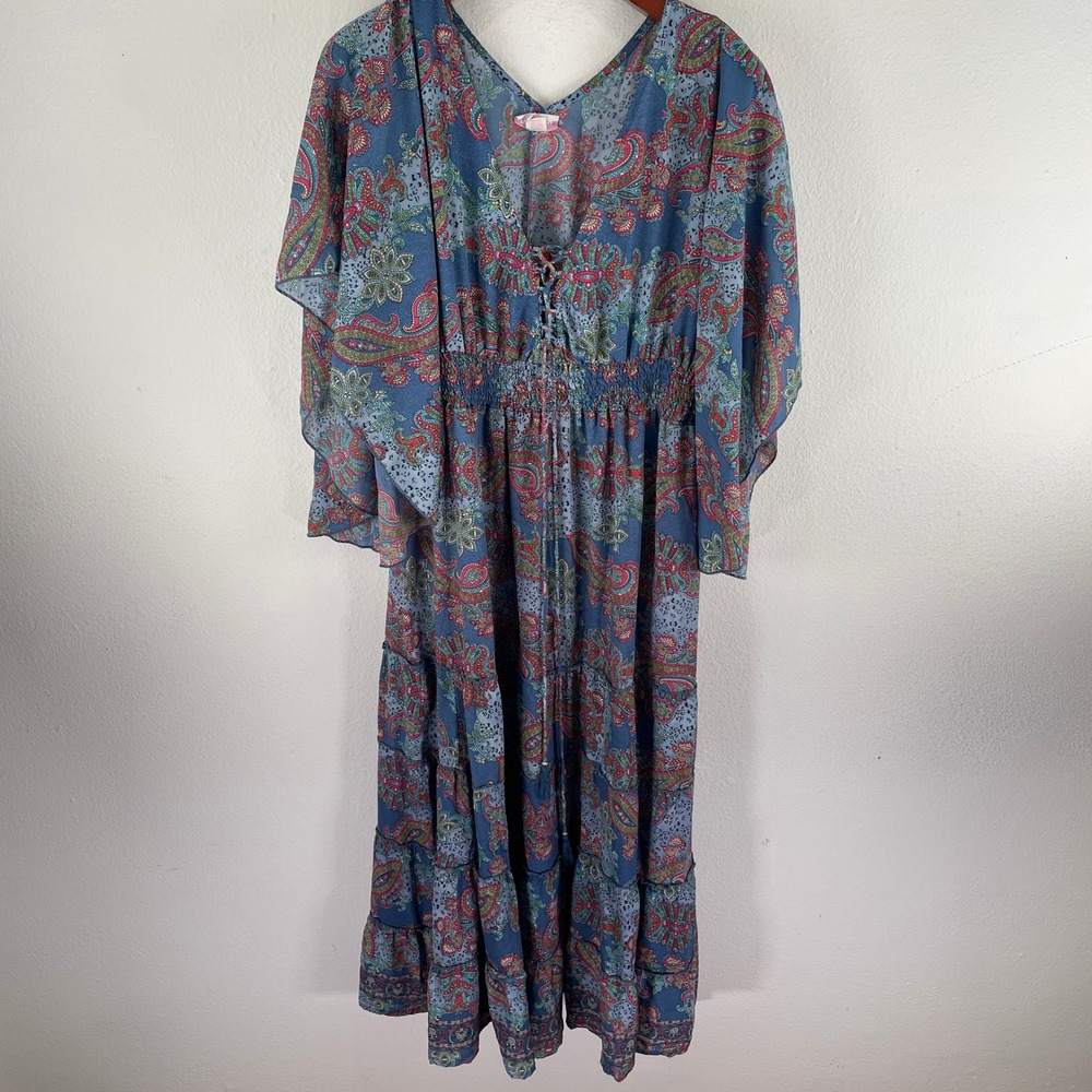 Prairie Boemo Blue Paisley Butterfly Sleeve Maxi Dress XL Smocked Waist Boho